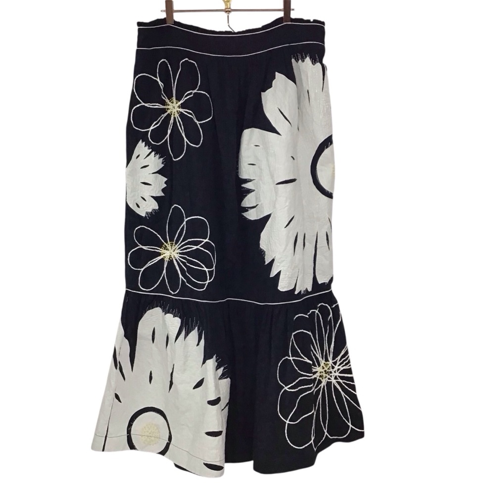 Anthropologie x Maeve Tiered Black White Floral Maxi Embroidered Skirt Sz XL